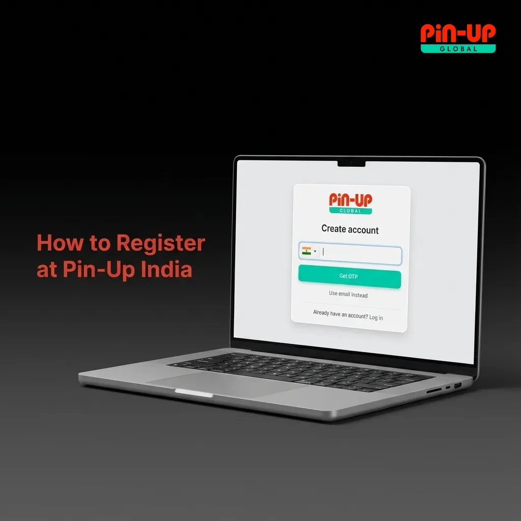 Illustrated step-by-step guide showing how to register an account on the Pin-Up India betting site on mobile and desktop.