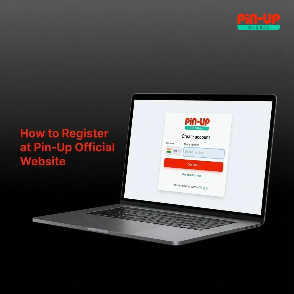 Illustrated Pin-Up India sign-up steps with icons: registration, details, terms, verification, INR deposit, welcome bonus.