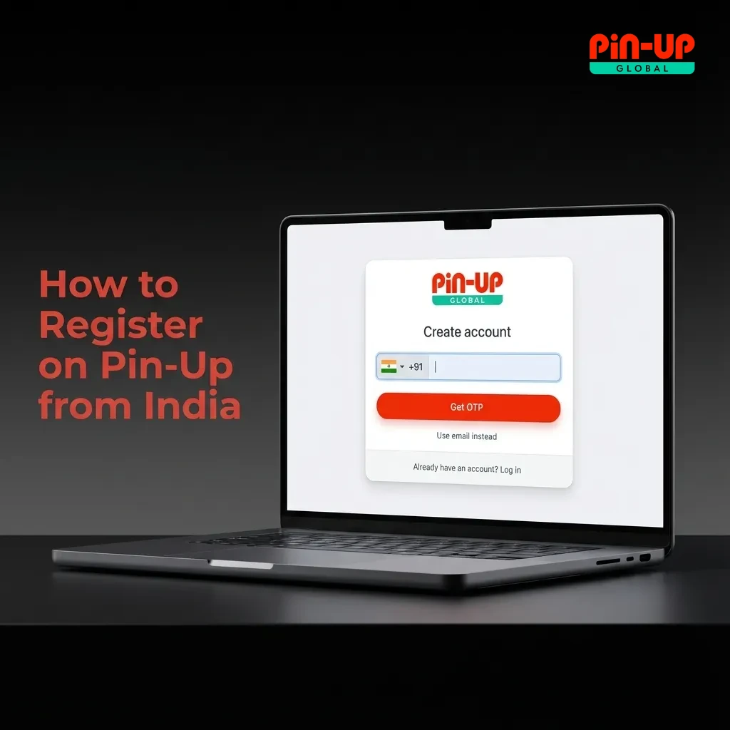 Steps to register on Pin-Up from India, showing sign-up methods, INR selection, and quick access to betting and casino games