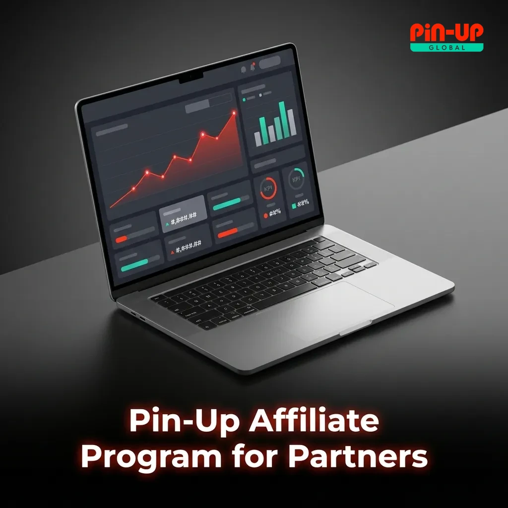 Pin-Up affiliate program banner showing partners earning commissions with stats, charts, and marketing tools