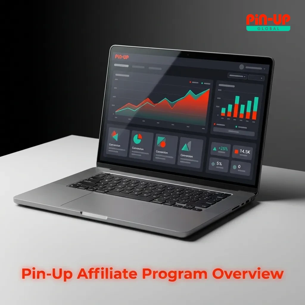 Illustrated overview of the Pin-Up affiliate program with icons for tracking, reports, marketing tools, and commission earnings