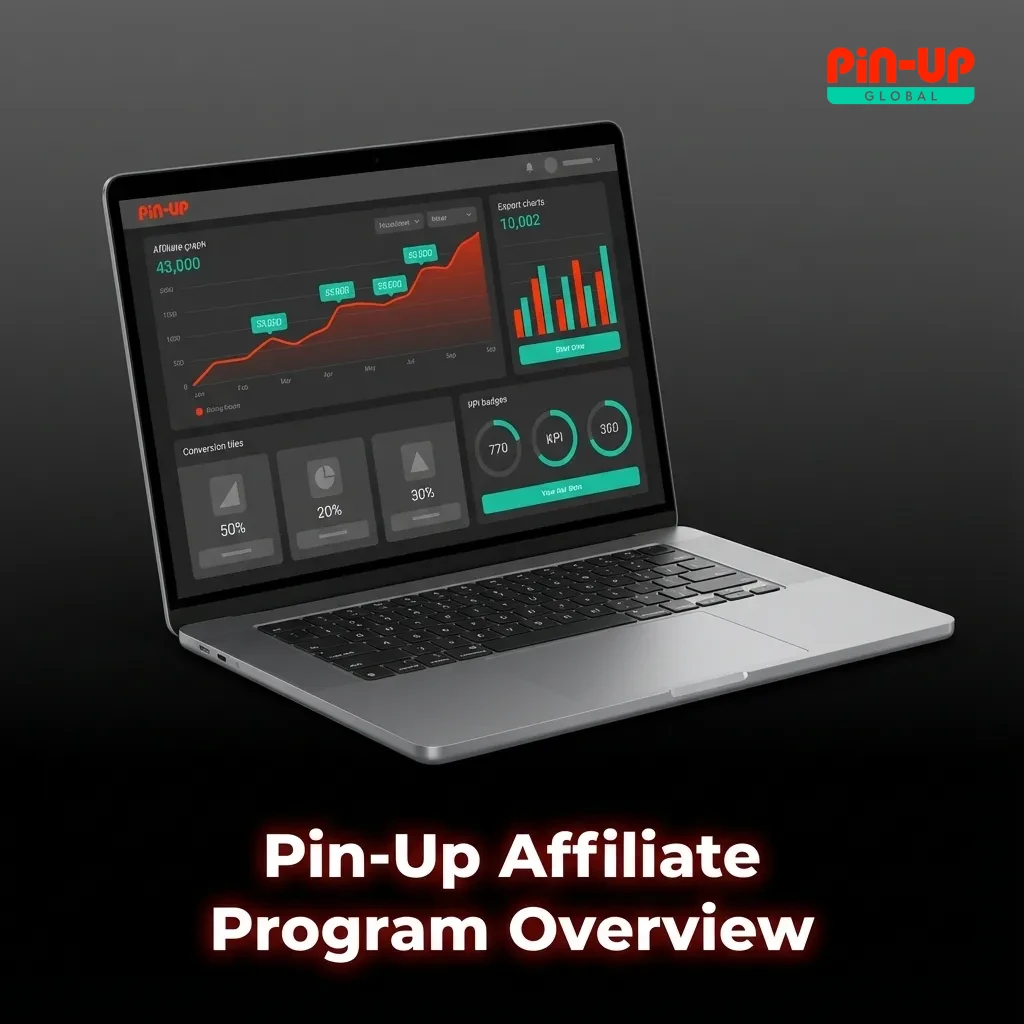 Infographic summarizing Pin-Up affiliate program benefits, commissions, tools, tracking, stats, and manager support.