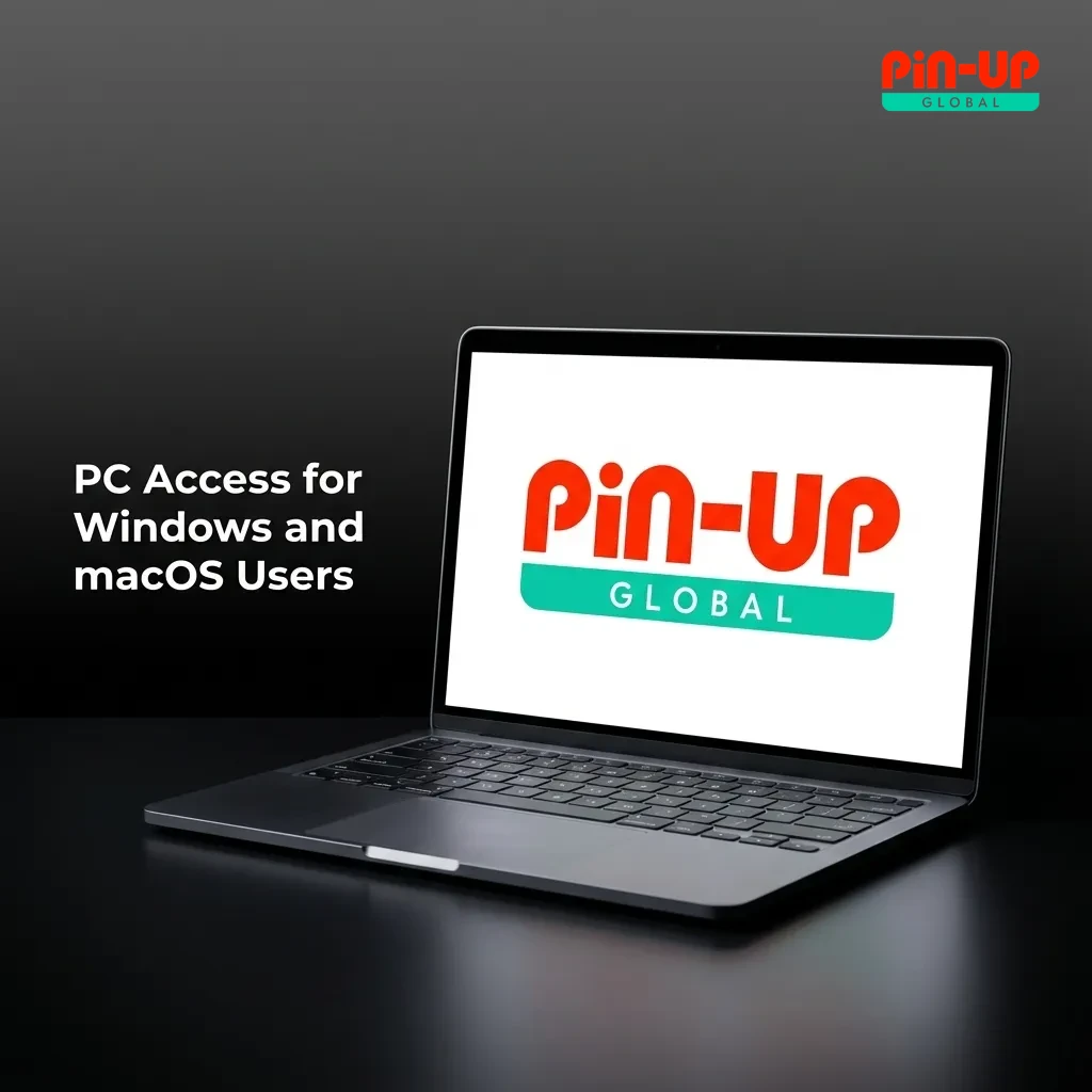 Illustration of a user accessing the Pin-Up casino website on a desktop browser, with Windows and macOS logos visible