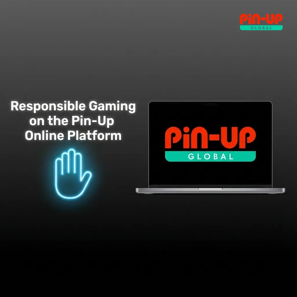 Illustration of a Pin-Up betting app with icons for limits, breaks, self-exclusion, and messages promoting responsible gaming