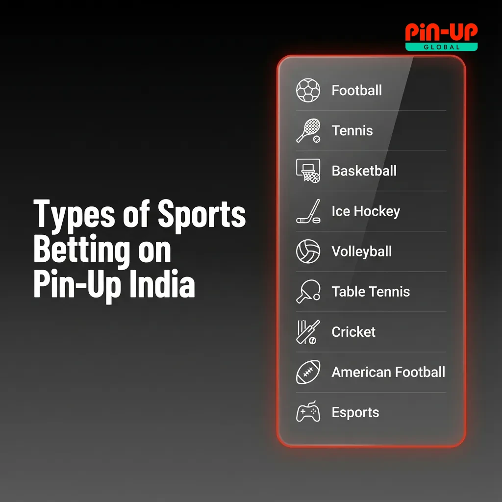 Colorful Pin-Up India betting interface showing icons for cricket, football, kabaddi, tennis, and basketball with odds lists