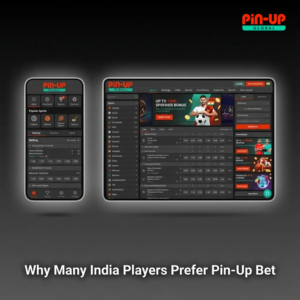 Illustration showing Indian bettors using Pin-Up Bet on mobile with local payment icons, cricket, kabaddi, and casino game symbols
