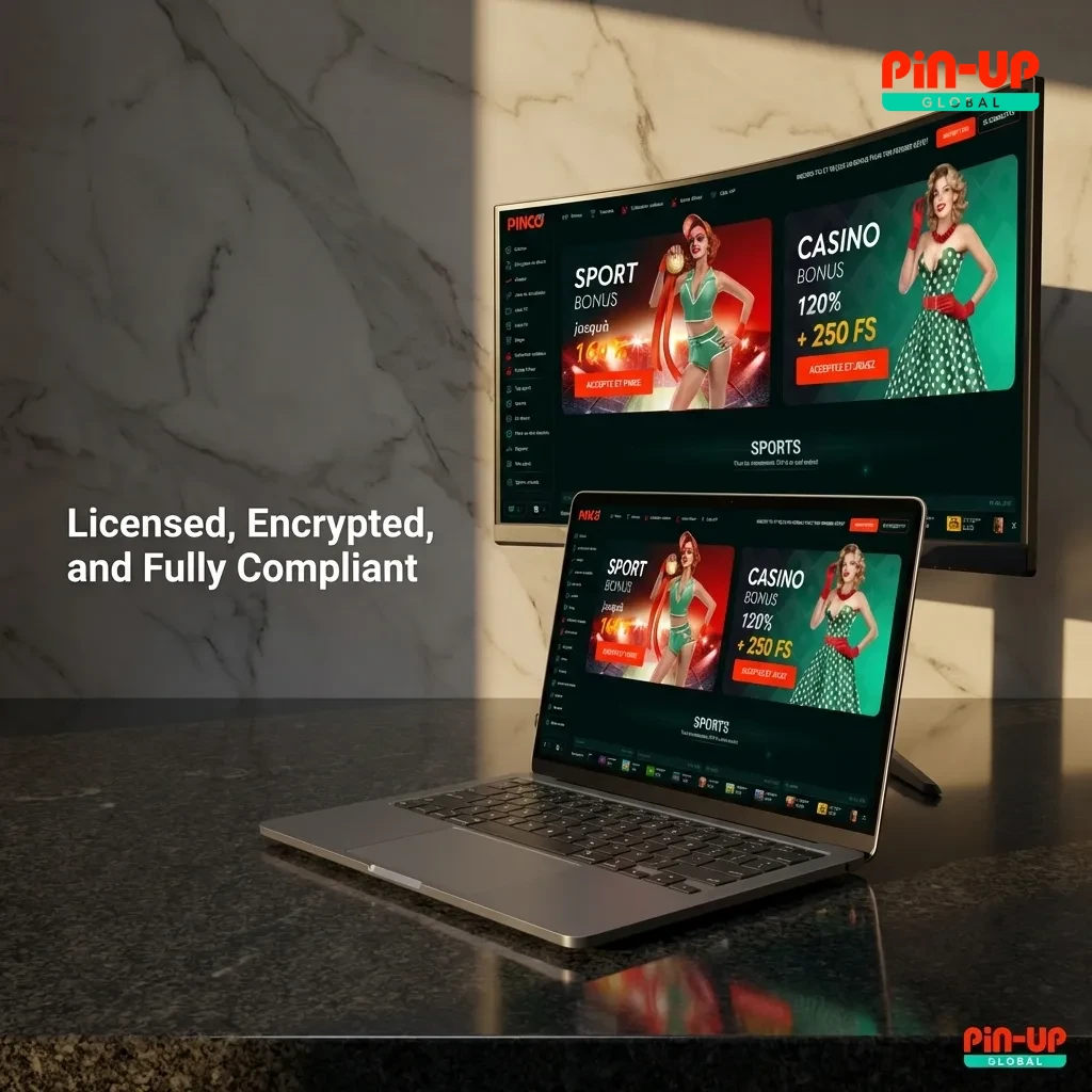 Secure online casino platform with encryption lock symbol, gaming license badge, and compliance checkmarks
