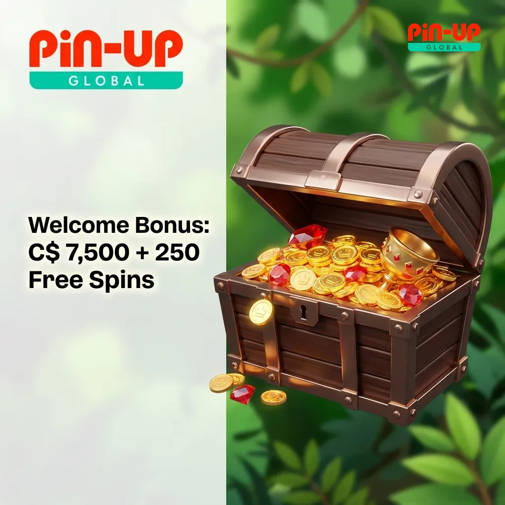 Multi-tier casino welcome bonus showing C$7,500 and 250 free spins for new Canadian players across five deposits